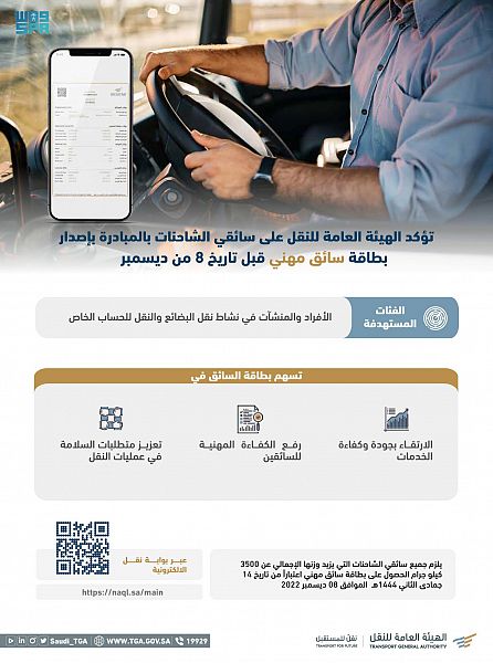 عام / "هيئة النقل" تؤكد على سائقي الشاحنات ضرورة المبادرة بإصدار بطاقة "سائق مهني" قبل 8 ديسمبر
