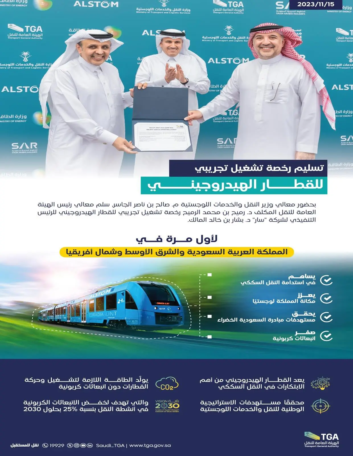 "هيئة النقل" تسلِّم رخصة تشغيل تجريبي للقطار الهيدروجيني في الشرق الأوسط وشمال أفريقيا